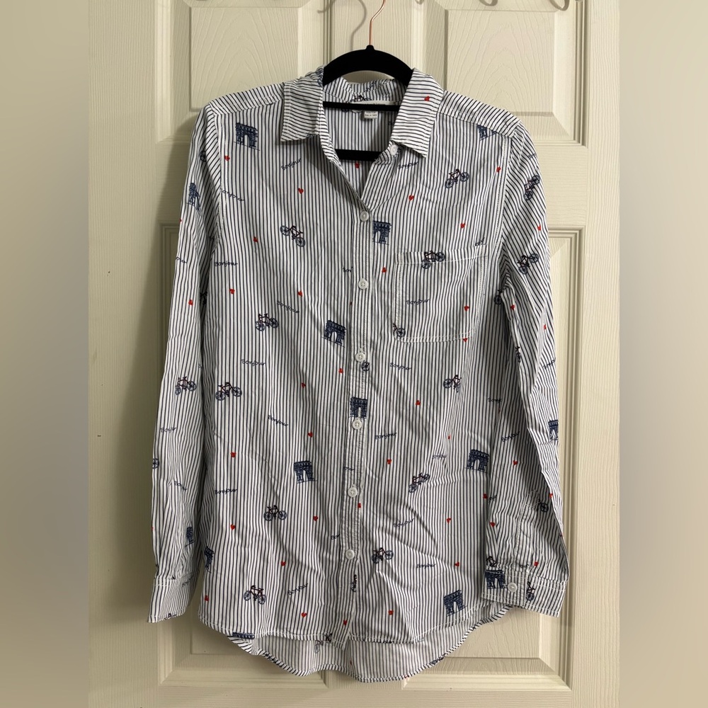 beachlunchlounge Paris Bonjour Navy White Striped Button-Down Chiffon Vacay Top